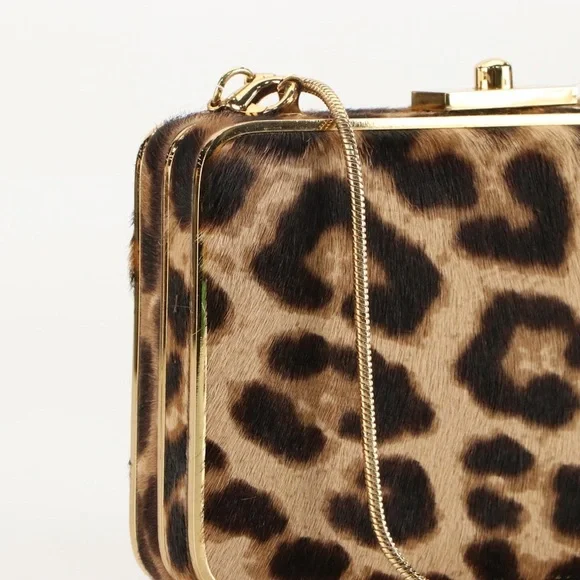 Henri Bendel Leopard Print Calf Hair Clutch Detachable Chain Strap & Box NIB - Picture 4 of 6
